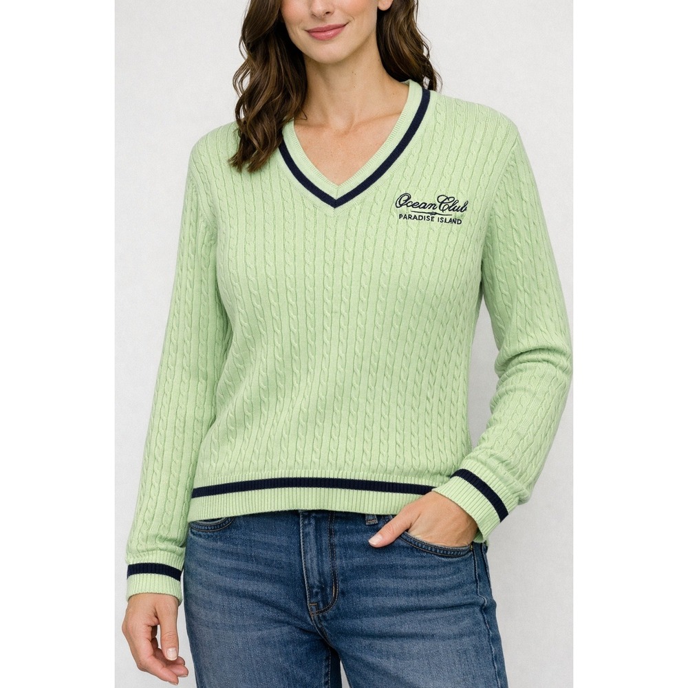 EP Pro Mint‎ Green Cable Knit V-Neck Sweater Ocean Club Paradise Island Medium
